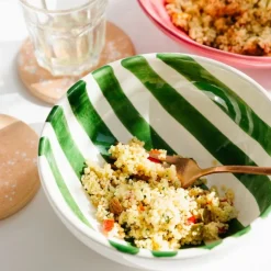 Val Pottery Yummy Yoghurt Bowl Dark Green Stripes